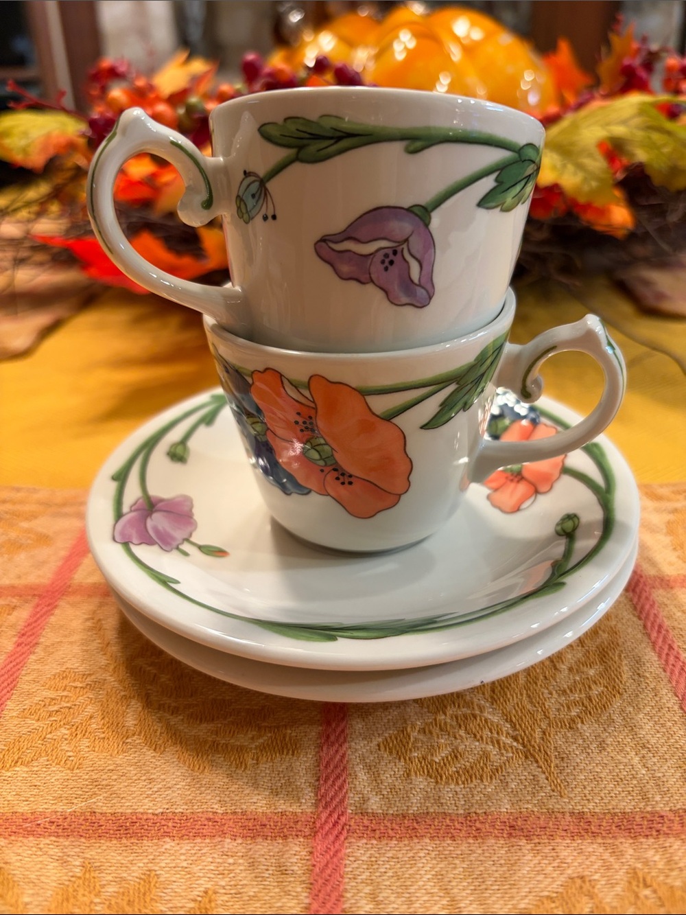 Villeroy & Boch Porcelain Tea Cups & Saucers with Orange and Purple Floral Motif